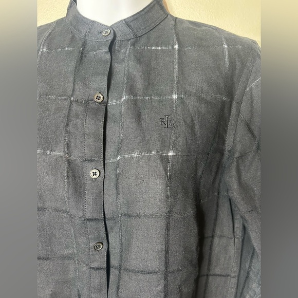 LRL 100% Black Linen Blouse Button Down Mandarin Collar Women’s PS Roll Tab Work - Picture 4 of 11